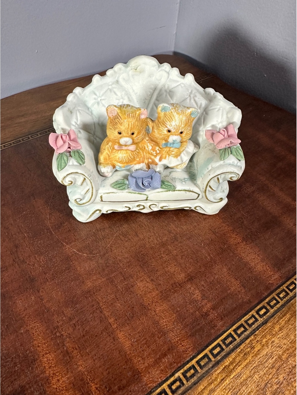Vintage Ceramic Cat Figurine, Two Fluffy Kittens on Armchair Couch Pastel Decor